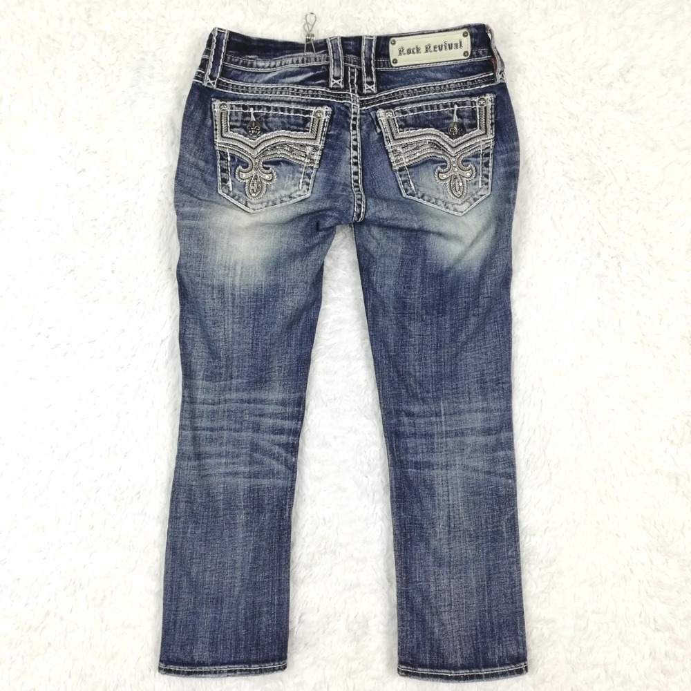 Rock Revival Womens Jeans Elean Capri Blue Denim Jeweled Flap Pocket Distress 27
